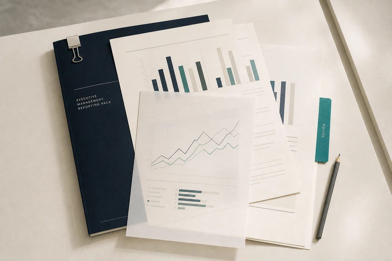 A navy folder titled Executive Management Reporting Pack under a binder clip, beside statement pages with bar and line charts and a teal tab labelled Review.